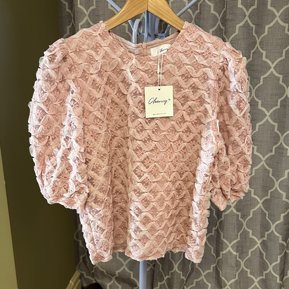 Chicwish Blush Lace Puff Sleeve Blouse